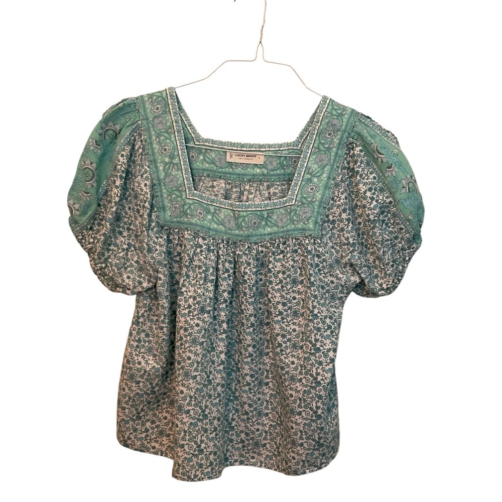 Lucky Brand Green Floral Puff Sleeve Blouse